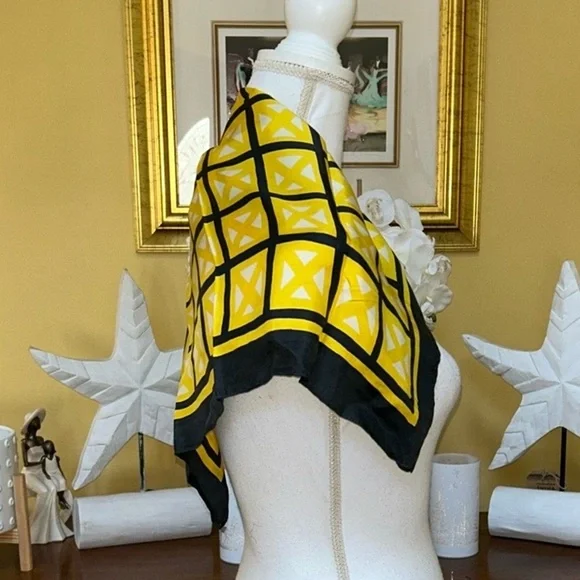 Vtg Givenchy Authentic 100% Silk Bright Yellow & Black Square Print Scarf